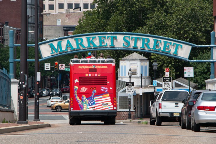 a car driving on a city street
