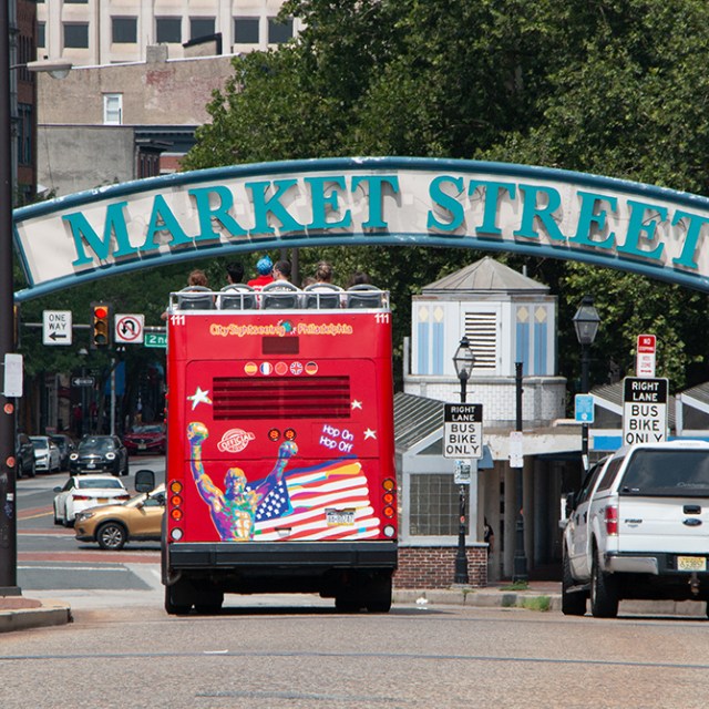 a car driving on a city street