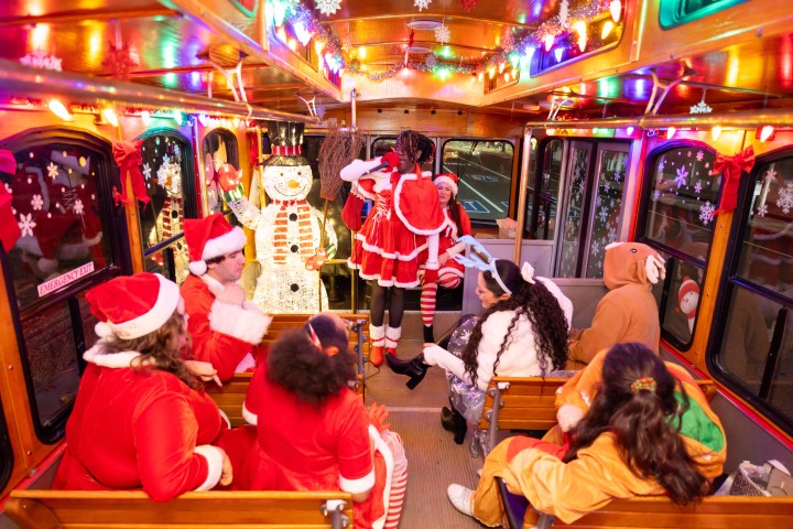 People in festive costumes and Santa hats on a bus decorated with lights and snowflakes.