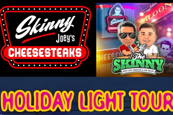 Poster for Skinny Joey's Cheesesteaks Holiday Light Tour featuring a festive bus and 'Merry Christmas' lights.