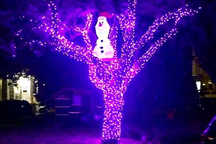 Tree with purple lights and snowman decoration in the branches at night.